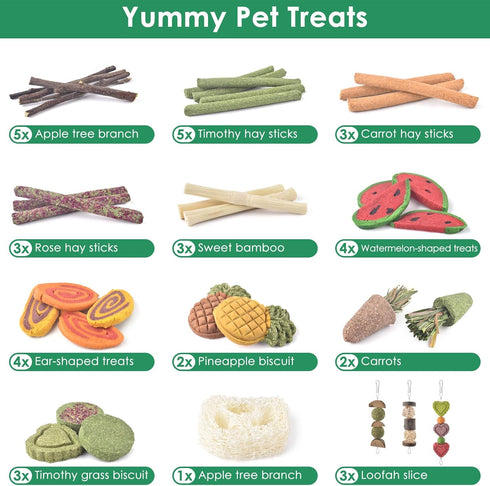 3 Chinchilla, KATUMO Rabbit Chew Toys with Types of Strung Hanging Toys, Natural Bunny Teeth Care Chew Kit Apple Wood