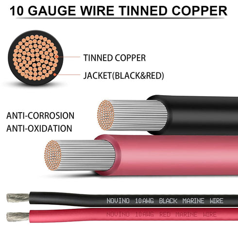 NOVINO 10 10 10 10FT 10FT Black,10 Gauge Marine Wire AWG Marine Grade Wire Include Gauge Red & AWG Tinned Copper