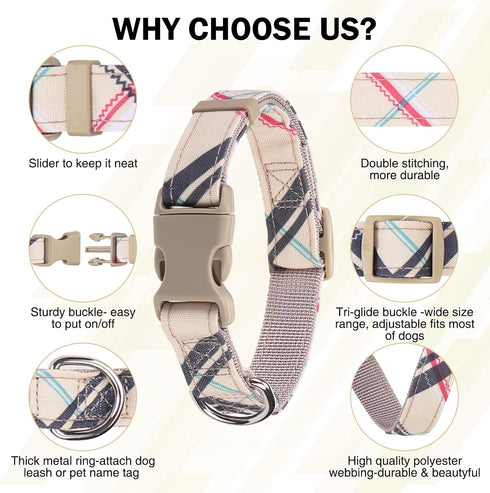 Small Dog Collar and Leash Set, Adjustable Pet Collar for Medium Dogs, 5FT Nylon Leash, Beige M, for Chihuahua, Yorki,