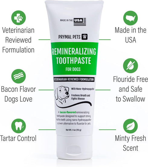 Prymal Pets (4 oz) Remineralizing Dog Toothpaste with Nano-Hydroxyapatite Bacon Flavor, Fluoride-Free & Safe