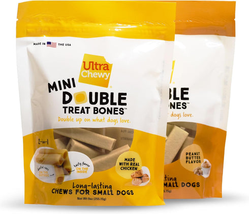 Ultra Chewy Mini Double Treat Bones: Long-Lasting Dog Treats, Peanut Butter and Chicken Flavor, 9oz