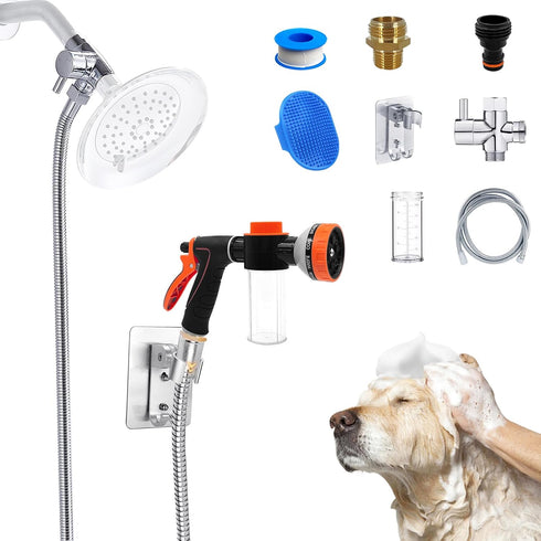 Dog Shower Attachment Water Hose Nozzle Sprayer Set with Metal 3-Way Diverter & 6.6 Ft Long Hose