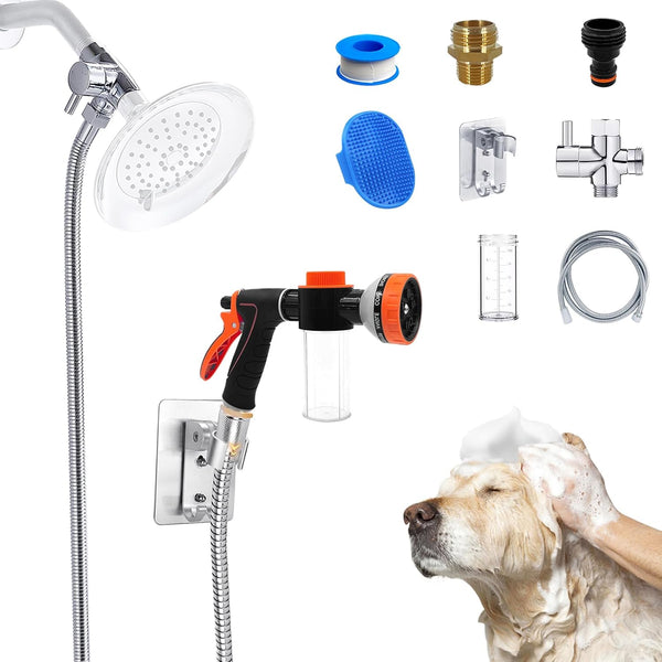 Dog Shower Attachment Water Hose Nozzle Sprayer Set with Metal 3-Way Diverter & 6.6 Ft Long Hose