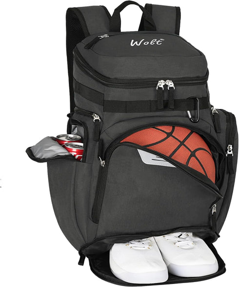 WOLT Basketball Backpack Bag - Large Sports Equipment Bag with Separate Ball Compartment and Shoes Pocket