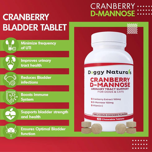 Cranberry D-Mannose for Dogs and Cats, 60 Count Tablets for Urinary Tract Infection Support and Kidney Health