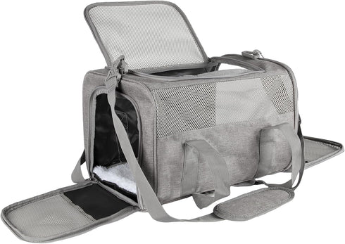 Soft-Sided Cat Carrier Case - Airline Approved with 4 Ventilated Windows for Cats and Dogs under 10-25Lbs (Grey, 17.0 L