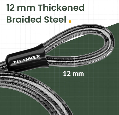 Titanker Bike Lock Cable, 12mm Thick Heavy Duty Steel Cable with Loops, Vinyl Coated Security Chain (4ft, 7ft, 15ft,