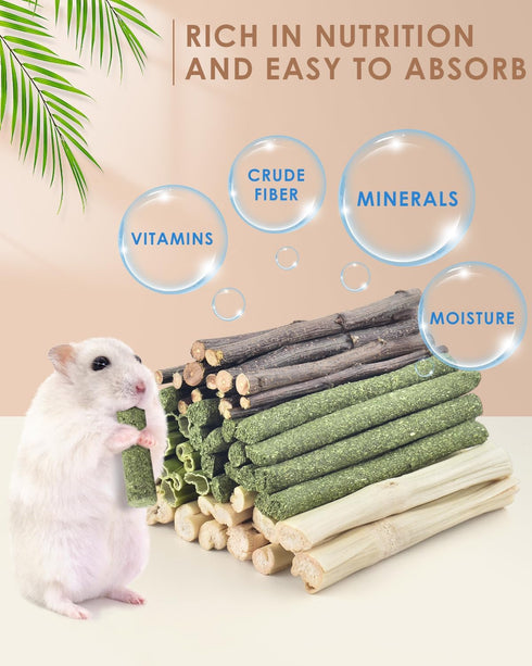 60 Chinchilla Bissap PCS Rabbit Chew Sticks, Sweet Bamboo Timothy Hay Chew Stick Papaya Stems Apple Branch Bunny Chews