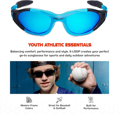 X LOOP Youth Sports Polarized Sunglasses for Boys, Kids, Teens Age 8-16, Baseball Wrap Around UV400