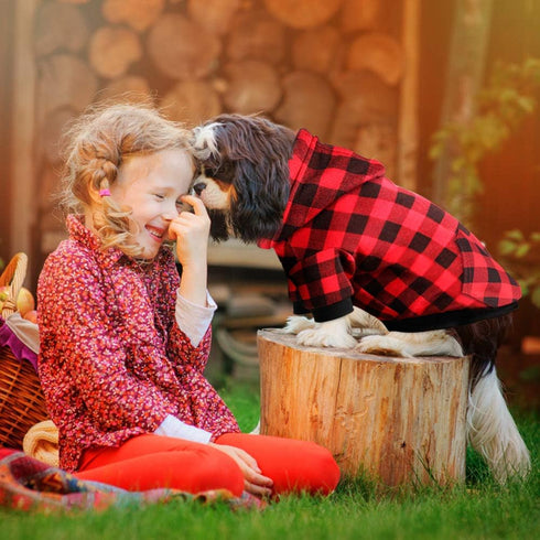 Red Plaid Dog Hoodie Sweater for Dogs with Hat and Pocket (S) - Pet Clothes for Winter