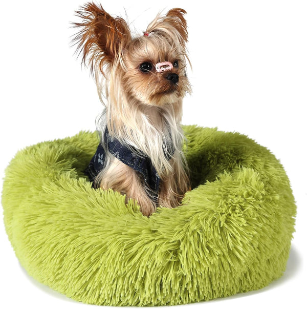 Extra Small Green Washable Dog Bed, 15 inches Donut Soft Pet Bed, Calming Anti-Anxiety Round for Pets up to 5 lbs.