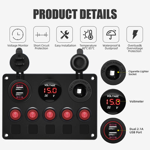 FXC 5 Gang Rocker Switch Panel with Dual USB Slot, Cigarette Lighter, Voltmeter for Marine Boat Car RV 12-24V