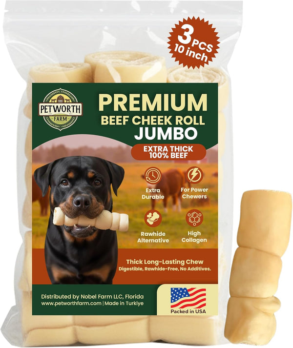 3 Pack 10 Inch Beef Cheek Rolls Extra Thick for Large Dogs