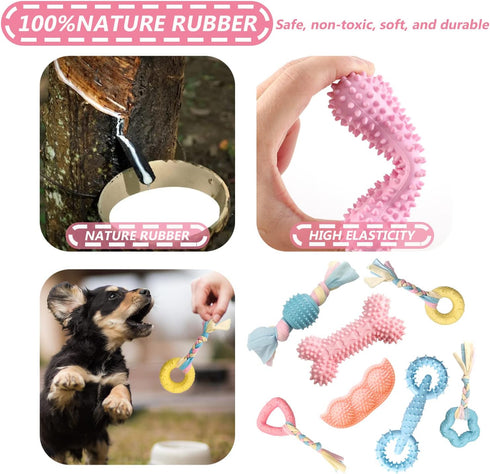 7 PCS Puppy Toys - Chew Toys for Teething Small Dogs 0-6 Months, Pink Rubber Rope Toys for Anxiety Relief