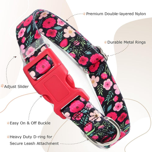 Girl Dog Collar with Red Flowers, Quick Release Buckle & Adjustable Comfy Pet Collar for Small Medium Large XL Dogs