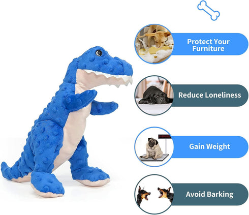 Dinosaur Dog Toy, Blue Plush Squeaky Chew Toy for Small, Large, and Big Dogs, Birthday Dog Toys