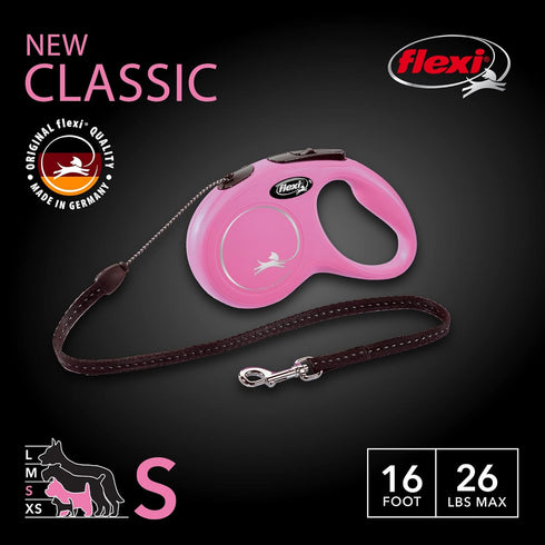 FLEXI New Classic Retractable Dog Leash (Cord), Ergonomic, Durable and Tangle Free Pet Walking Leash for Dogs Up to 26 lbs, 16 ft, Small, Pink