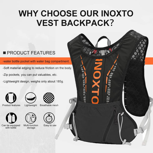 INOXTO Hydration Vest Backpack, Lightweight Water Running Pack with 1.5L Water Bladder for Hiking