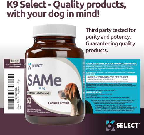 SAM-e for Small and Medium Adult Dogs, 60 Tablets, 90mg Active S-Adenosyl L-Methionine, SAM-e Supplement for Dogs, Hepatic Health, Cognitive Supplement, Multivitamin for Cell-Growth