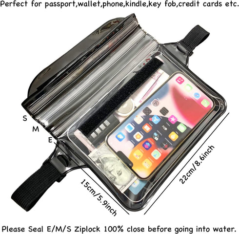 Waterproof Waist Pouch Dry Belt Bag - Fanny Pack to Keep Key Fob, Wallet, Kindle, Phone Dry, Black