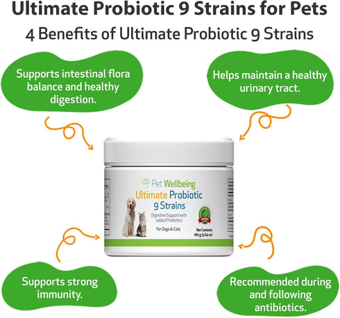 Pet Wellbeing Ultimate Probiotic, 9 Strains for Cats and Dogs, Natural Support for Digestion and Urinary Tract Health