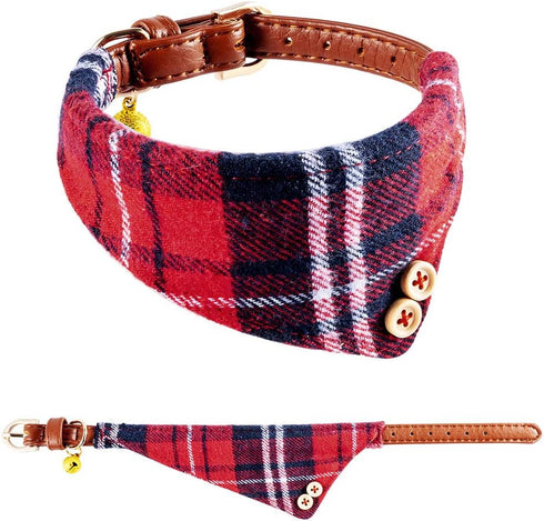 EXPAWLORER Dog Collar and Leash Set, Classic Plaid Dog Bow Tie and Bandana Collar with Bell, Adjustable for Dogs