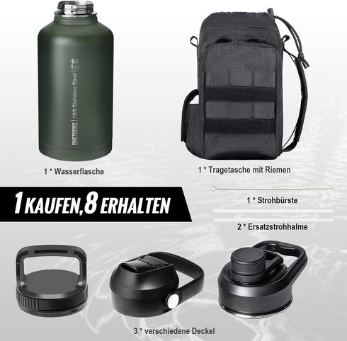 OneTigris Tactical Water Bottle with Straw - 64 oz Vacuum Insulated Stainless Steel Jug with 3 Lids