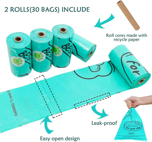 LR44 Included(2 Pack) Dog Poop Waste Bags Holder with LED Flashlight|Cute Doggie Poo Bags Dispenser for Pet Leash|Trash