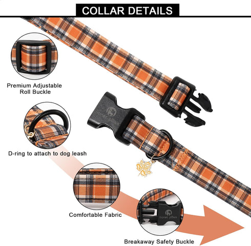 Lionet Paws Halloween Dog Collar- Cute Blank Orange Grid Fall Dog Collars with Plastic Buckle and Leaf Pendant, Light