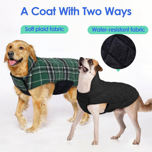 MIGOHI Reversible Dog Coat, Windproof, Waterproof Winter Jacket, Plaid Dog Coats for Cold Weather, Green, L