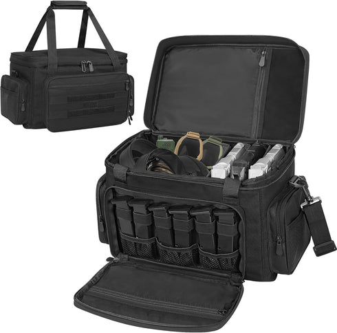 ORKELS Gun Range Bag for 4 Handguns and Ammo, Pistol Shooting Bag with Magazine Slots