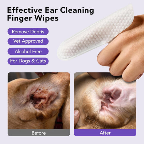 HICC PET Ear Finger Wipes for Dogs & Cats - Gently Remove Ear Wax, 50 Count