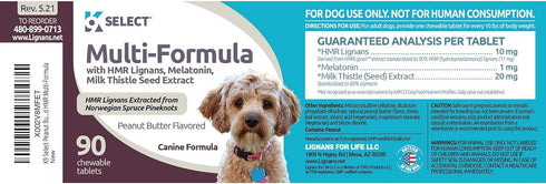 Multi-Formula Dog Supplement for Smaller Dogs - 90 Peanut Butter Chewable Tabs, 10mg HMR Lignans, 1mg Melatonin, 20mg