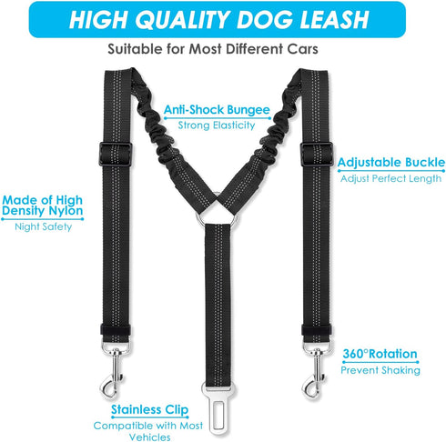 SlowTon Adjustable Dog Seat Belt - Double Dog Safety Leash with Elastic Bungee Buffer (Black, M)