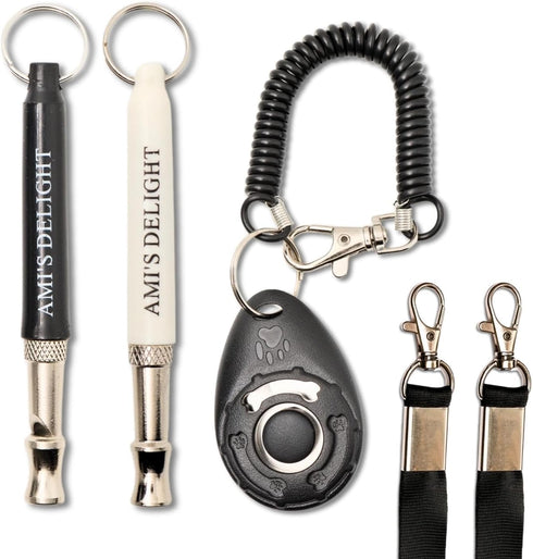 Ami's Delight Dog Whistle Set of 5, Adjustable Premium Quality Whistles with Lanyards and Clicker