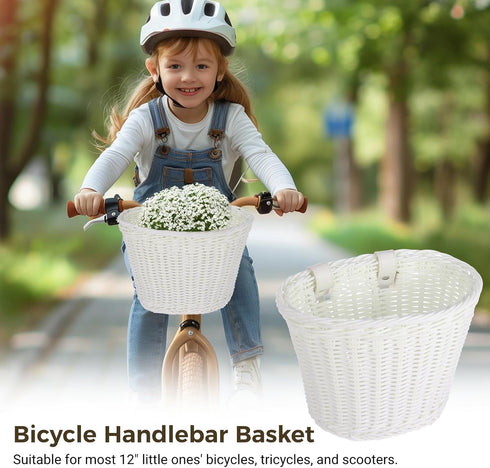 Kids Bike Basket with Adjustable PU Belts, Handmade Woven Rattan Front Handle Basket