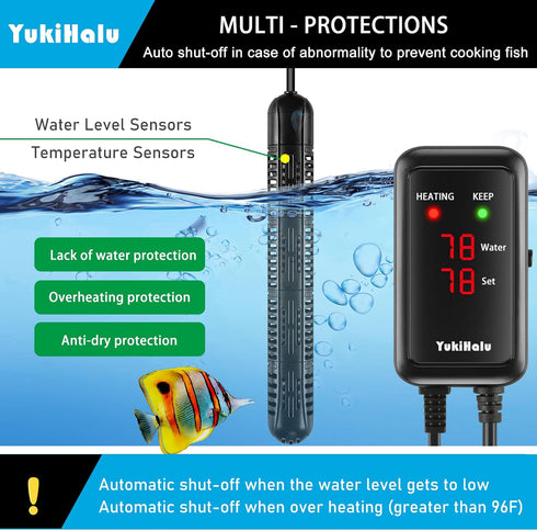 YukiHalu 100W Aquarium Heater with Protective Case, Temperature Adjustable for 10/20/40/75/120 Gallons