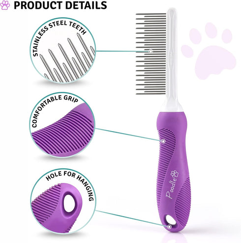 Poodle Pet Detangling Pet Comb - Long & Short Stainless Steel Teeth for Safe & Gentle Grooming