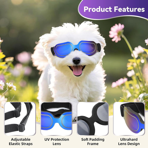 ENJOYING Dog Goggles for Small Breed, Puppy Sunglasses with UV Protection, Cool Blue