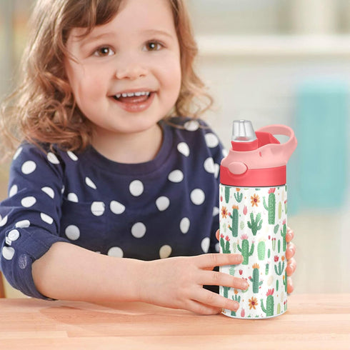 Wfrish 12 oz Colorful Cacti Flowers Kids Water Bottle with Straw Lid Insulated Stainless Steel Travel Tumbler BPA-Free