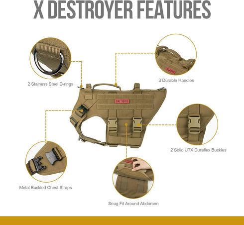 OneTigris Large Tactical Dog Harness, No Pull Adjustable Vest with Heavy Duty Handle, Brown, Large Hook and Loop Panels