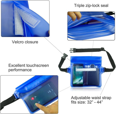 GLBSUNION Waterproof Pouch Dry Bag with Waist Strap (2 Pack), Keep Your Phone and Valuables Safe/Dry