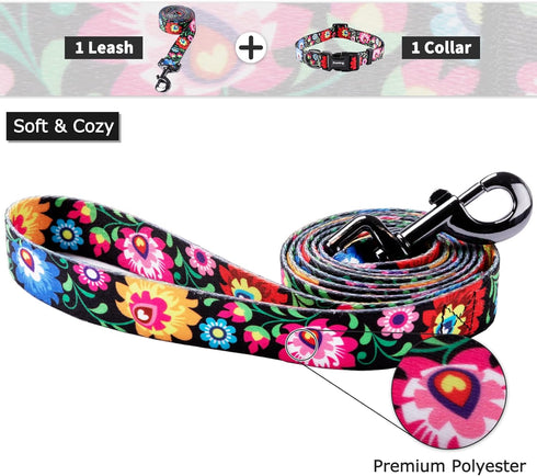 Ihoming Dog Collar and Leash Set for Daily Outdoor Walking, Black Colorful Flowers Design for Small Boys Girls Dogs