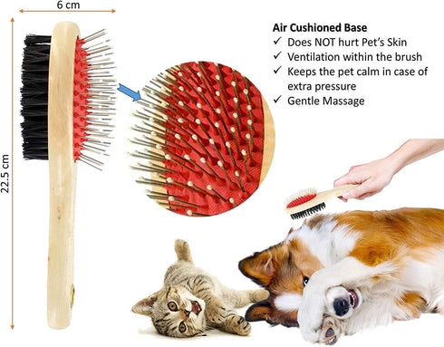 Wooden Dog Brush Double Sided, Pet Hair Grooming Brush for Dogs & Cats, Pin and Bristle Soft Brush for Cleaning