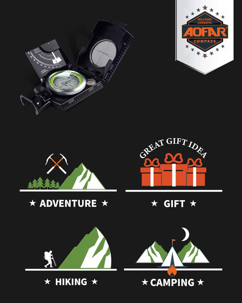 AF-4074 Scount,Geology AOFAR Military Compass for Hiking,Lensatic Sighting Waterproof,Durable,Inclinometer