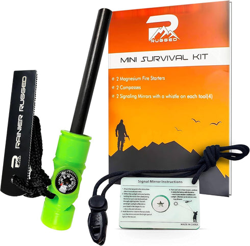 Rainier Rugged 5-in-1 Glow-in-The-Dark Fire Starter Kit - Compact Portable Hiking, Camping, Trekking, Emergency