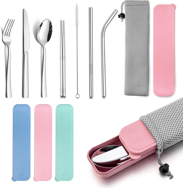 HaWare 9-Piece Portable Travel Silverware Utensils with Case, Stainless Steel Flatware Set for Camping Office School
