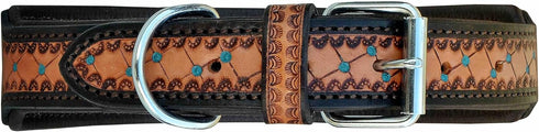 Leather Dog Collar, Western Style, Heavy Duty Hand Tooled, Adjustable Padded for Puppies and Big Dogs (10AB130-XS)