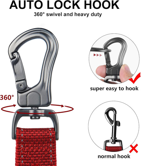 TwoEar 5FT 1IN Strong Red Dog Leash with 2 Padded Handles, Traffic Handle for Extra Control, Reflective Walking Lead.