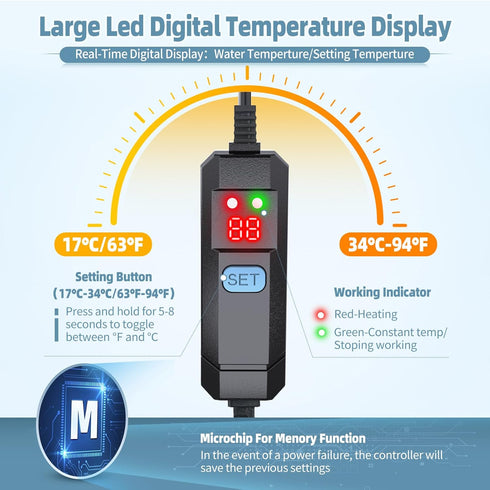 Submersible Aquarium Heater - 25W/50W/75W for 1-40 Gallon Fish Tank with Intelligent Auto Stop Heating & Overheating